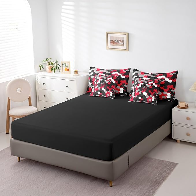 jejeloiu Red Honeycomb 7 Pieces Bedding Set King Size Modern Hexagon Theme Comforter Set with Sheets for Kids Boys Decor Camouflage Camo Geometric Abstract Bed in a Bag Soft Bedroom Decor