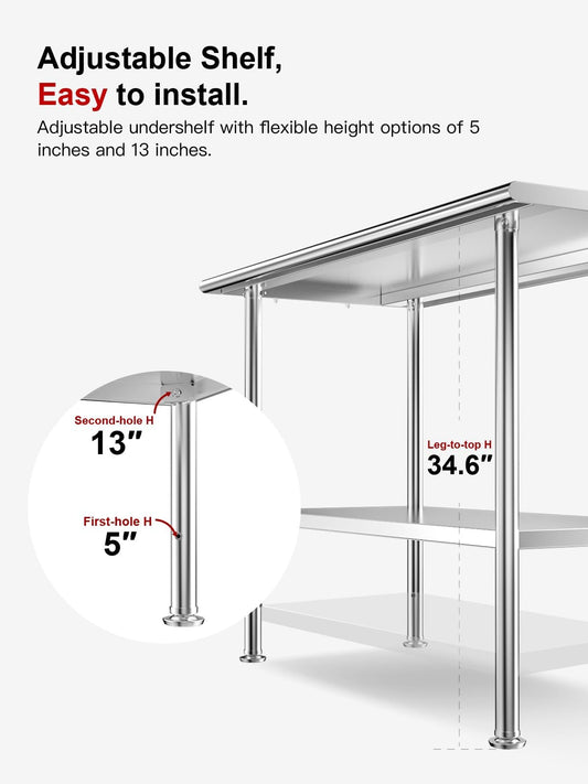 Atelicf All-Stainless Steel Prep Table, 30 X 48 Inches, with Rounded-Corner Backsplash and Adjustable Undershelf, Heavy-Duty for Outdoor Use,Restaurants,Hotels,Workshops,Kitchens,Gardens, and Garages