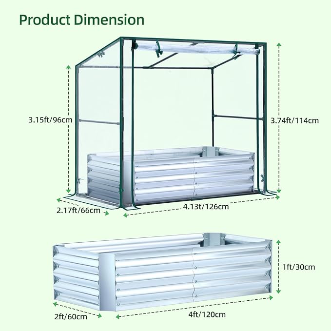 Ohuhu Raised Garden Bed with Greenhouse, 4x2x1 FT Galvanized Metal Planter Box with PVC Cover, Protects Plants from Frost Birds Insects, 3-in-1 Gardening Set for Vegetable Flower Herb Succulent