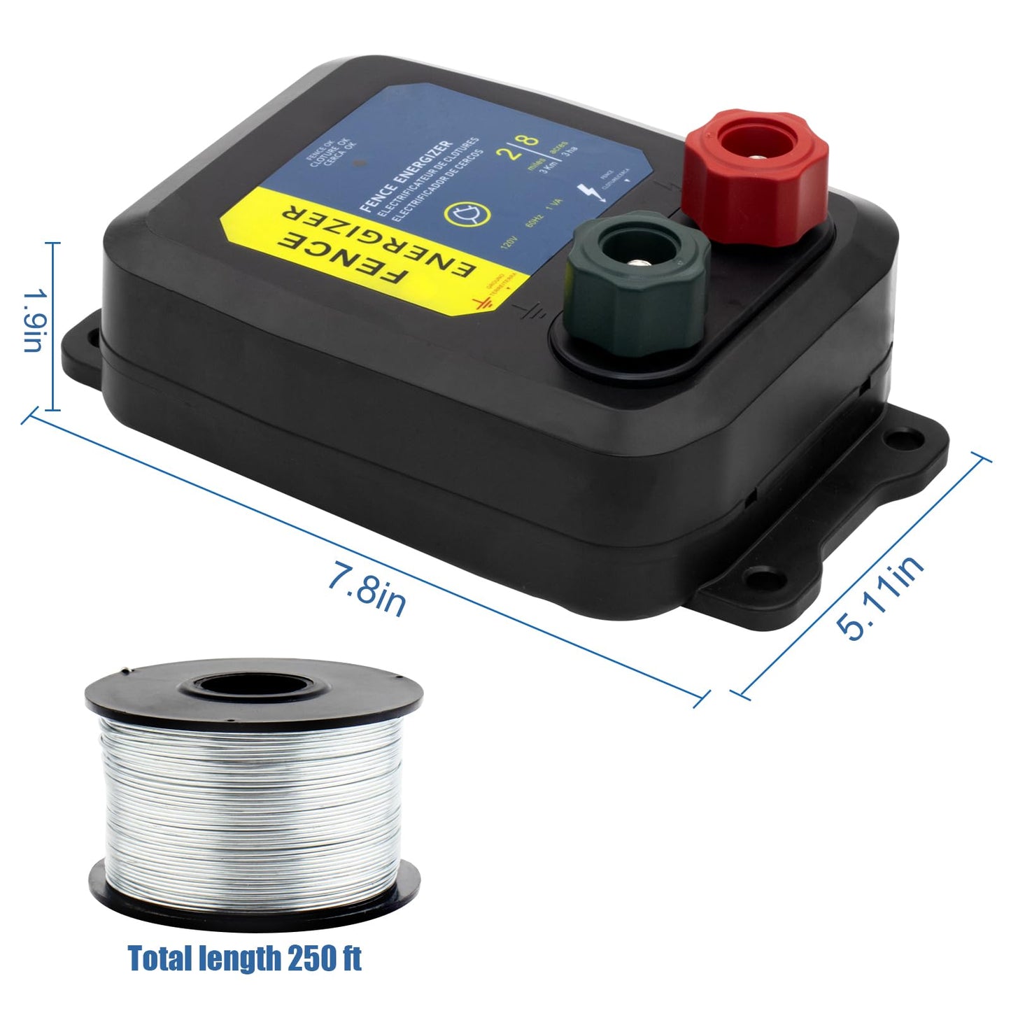 Electric Fence Energizer for Dogs Energizer PE2 0.10 Joule and Spool Aluminum Wire,Livestock Fence Chargers for Containing Dogs, Livestock and Preventing Wild Animals Intruding