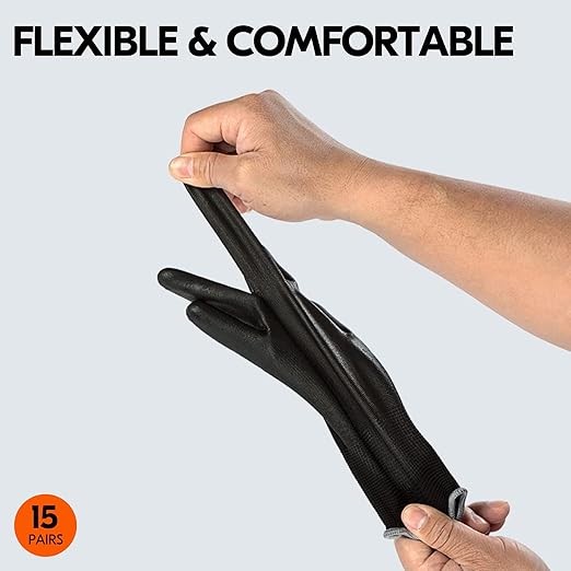 Vgo... 15-Pairs Safety Work Gloves, Gardening Gloves, Polyurethane Coated, Dipping Gloves, Latex Free (Size S, Black, PU2103)