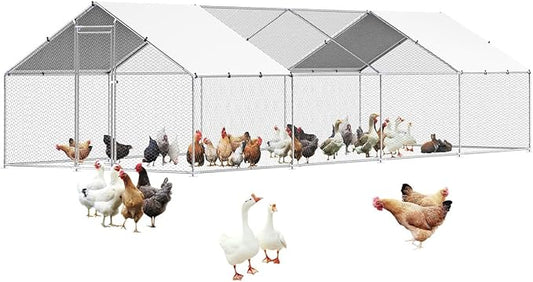 VEVOR Large Metal Chicken Coop with Run, 9.8x26.5x6.5 ft Walk-in Chicken Runs for Yard with Cover, Spire Roof Hen House with Security Lock for Outdoor and Backyard, Farm, Duck Rabbit Cage Poultry Pen