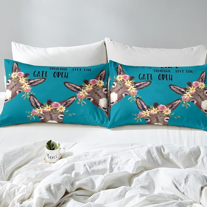 Donkey Sheet Set for Kids Boys Girls,Cartoon Funny Donkey Bed Sheets King,Farmhouse Animal Bedding Set,Rustic Botanical Rose Flower Leaves Fitted Sheet + Top Sheet + 2 Pillowcases Bedroom Decor