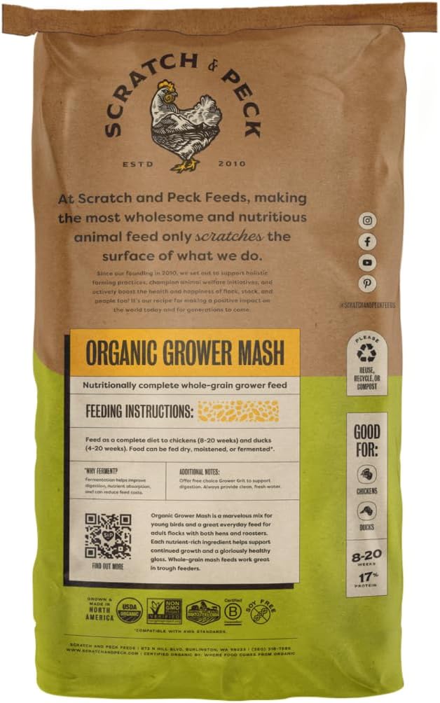 Scratch and Peck Feeds Whole Grain Grower Mash Chicken and Duck Feed - 25 lbs Bag - Corn-Free and Soy-Free - 17% Protein, Certified Organic and Non-GMO Project Verified Chicken Food
