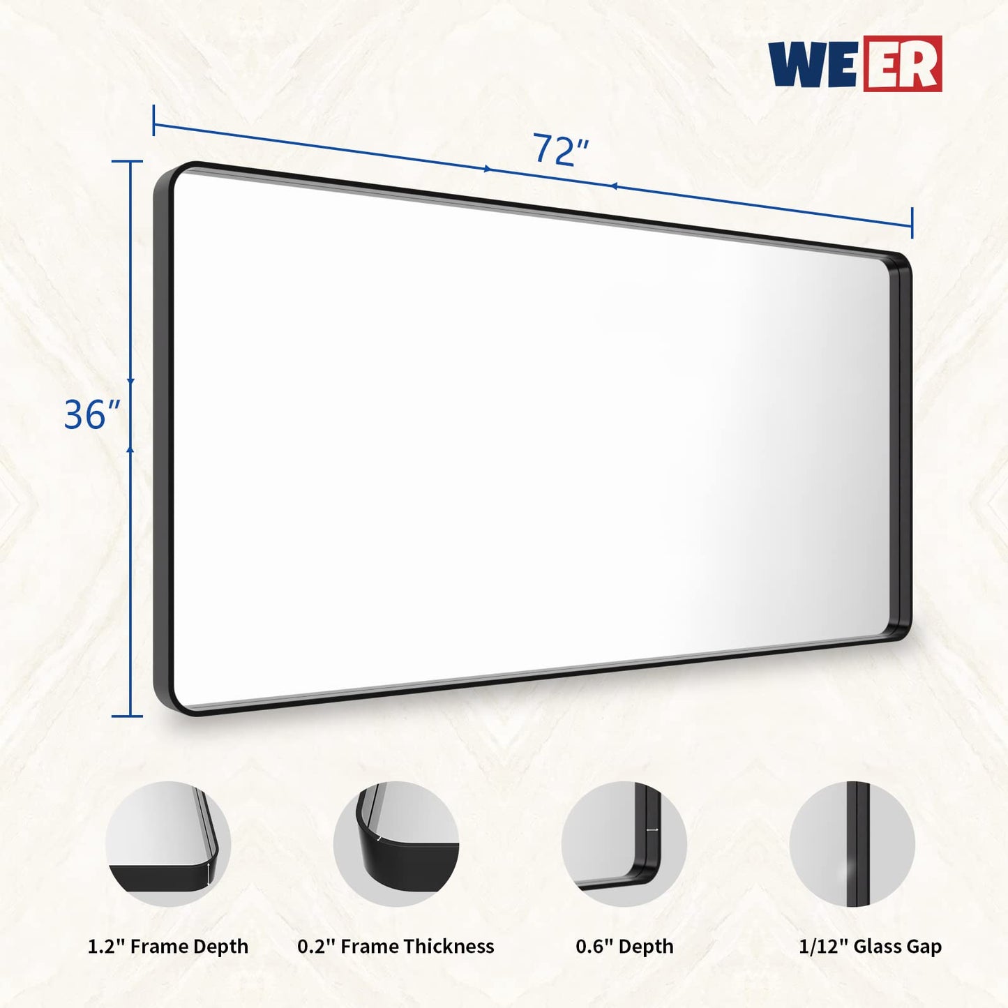 WEER Black Bathroom Mirror 72x36 Inch, Black Metal Framed Mirror for Wall, Large Rounded Rectangle Matte Black Vanity Mirror Farmhouse, Anti-Rust, Tempered Glass, Hangs Horizontally or Vertically