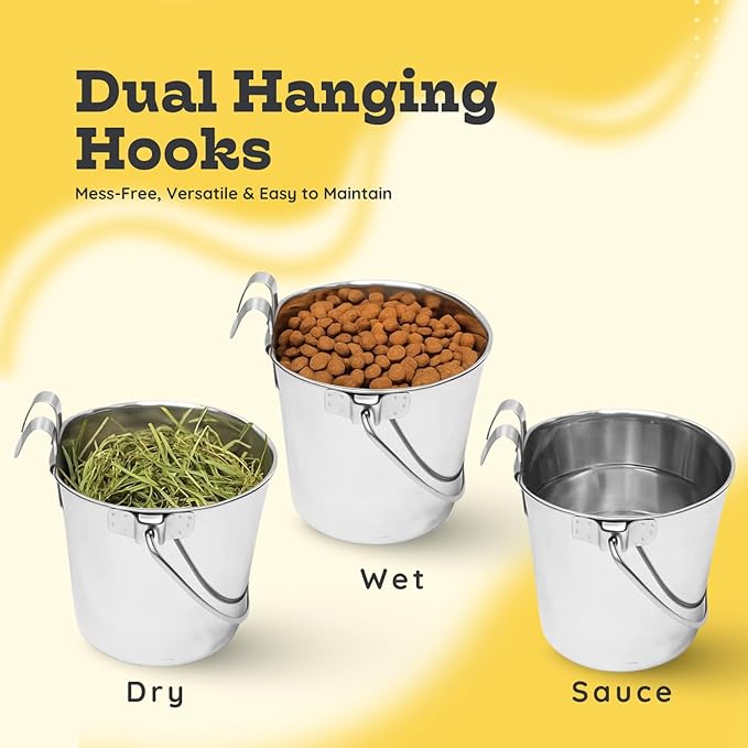 1 Quart Stainless Steel Flat Sided Pail/Dual Hooks | Hanging Bucket for Small Dogs, Cats, Birds, Rabbit, Poultry & Goats | Food & Water Bowl Fits Crates, Cages, Hutches & Farm | Pack of 4