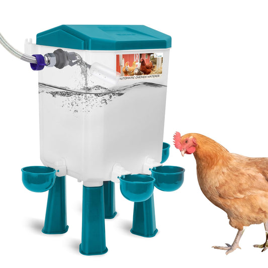 Lilyang Float-Controlled Automatic Chicken Waterer for Continuous Fresh Water, Self Filling Chicken Waterer with 60 Inch Water Hose (One End 3/4''), Suitable for Quail Duck Turkey(Blue, 2 Gallons)