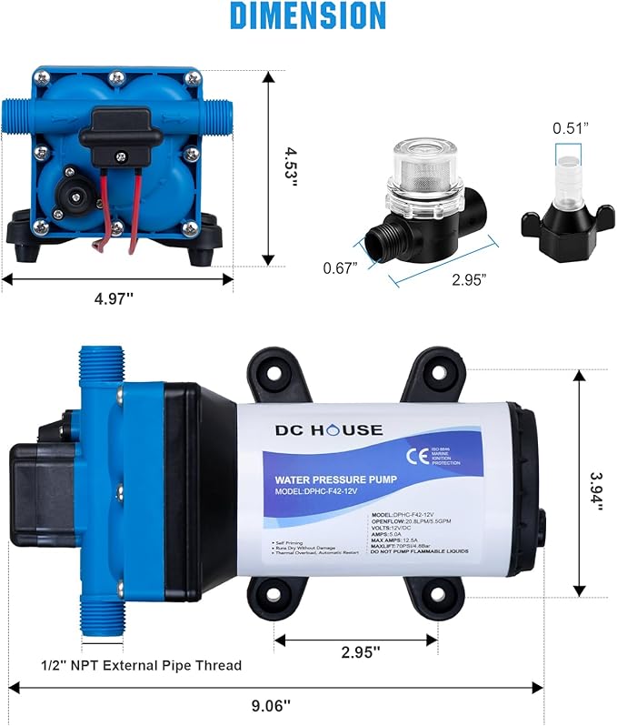 DC HOUSE RV Fresh 12V On Demand Water Pressure Booster Pump with Pressure Switch 5.5GPM 70PSI 12Volt Self Priming Diaphragm Water Pump For Boat Camper Marine Travel Trailer Sprayer