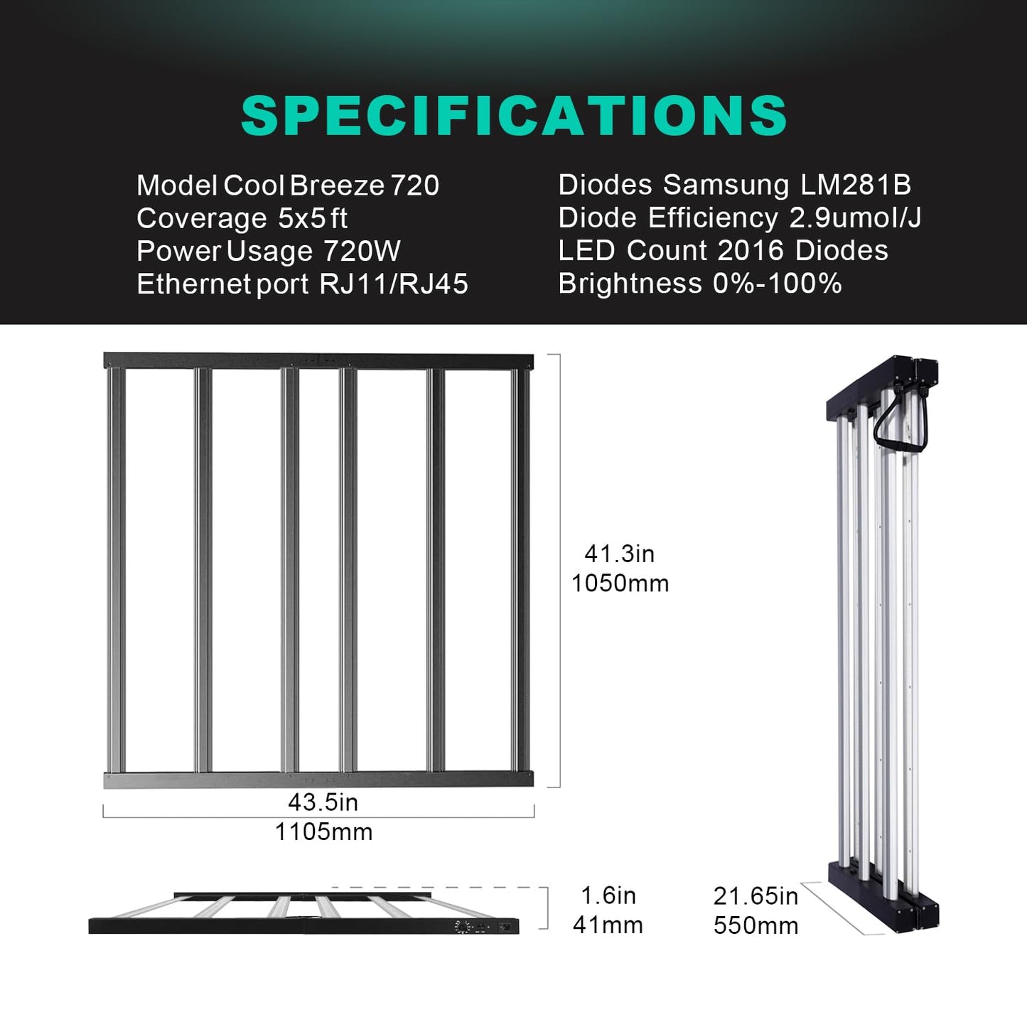 BQHY 720W LED Grow Lights, Full Spectrum Grow Light, Daisy Chain Plant Bar Style 4x4 Grow Light Foldable & Dimmable for Growing Commercial Hydroponic Growing Lamp 5x5ft Core Coverage