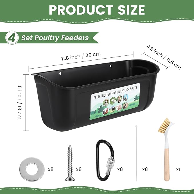 4 Pack Hanging Chicken Feeder,Fence Feeder Trough and Waterer for Goat Sheep Deer Duck Poultry Livestock,Feeding Waterer Container Bucket with Clips and Brush (Black)