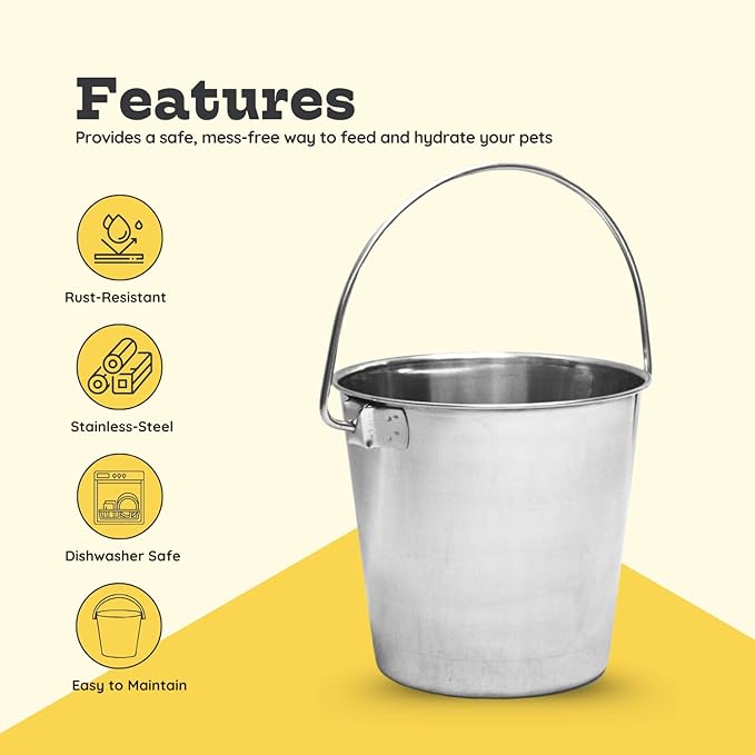 1 Quart Heavy Duty Stainless Steel Round Bucket with Handle | Fits kennel Cage Critter Crates Farm | Durable Food & Water Pail for Small Pet Birds Dog Cat | Livestock Multipurpose Buckets