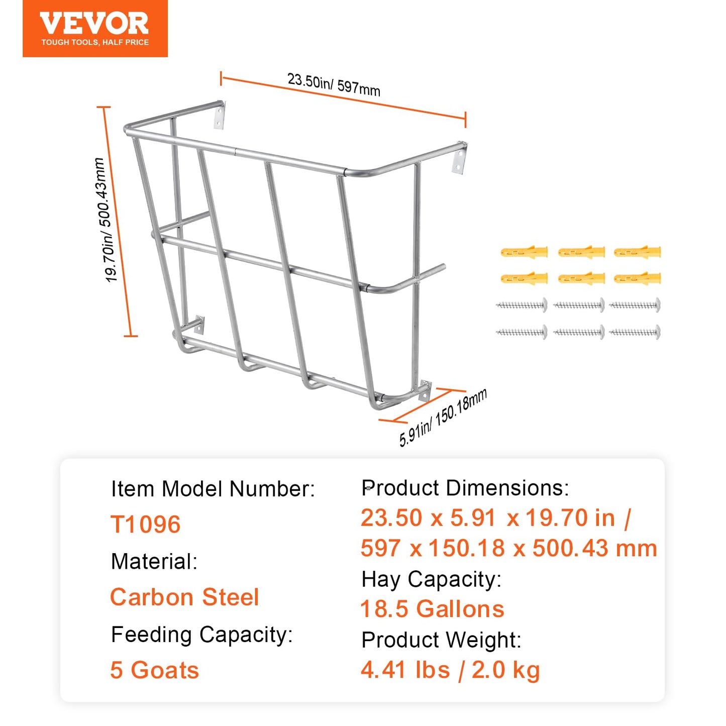 VEVOR Livestock Feeder, 18.5 Gallons Large Capacity, Heavy-Duty Steel Goat Hay Rack, 24.4" Long Wall Mounted Horse Hay Holder, Multiple Sided Feeding Rack for Sheep Farm Livestock Indoor Outdoor