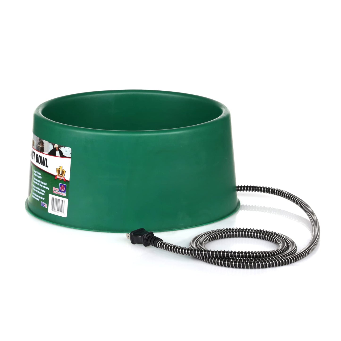 Farm Innovators 1.5-Gal Heated Pet Water Bowl for Dogs & Cats, Anti-Chew Cord, 60W, Green