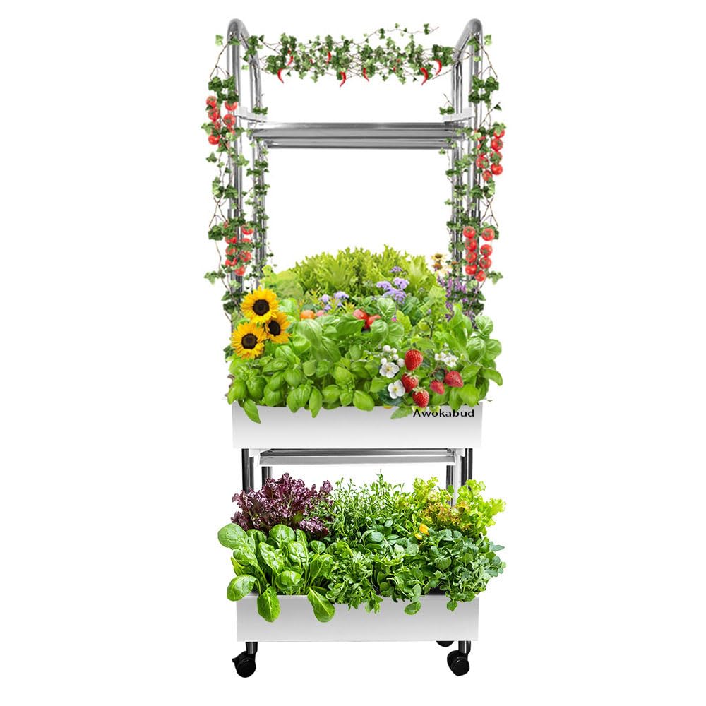 2-Tier Hydroponics Growing System for Tall & Climbing Plants, Awokabud Planters for Flowers and Plants,Indoor Herb Garden Kit with Adjustable LED Grow Light, Automatic Water Circulation-32 Pods