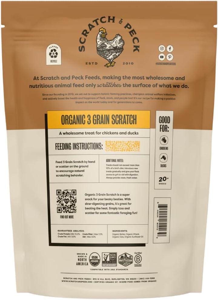 Scratch and Peck 3 Grain Scratch Chicken and Duck Supplemental Grain - 10 lbs Bag - Corn-Free and Soy-Free - 9.8% Protein, Certified Organic and Non-GMO Project Verified Chicken Food