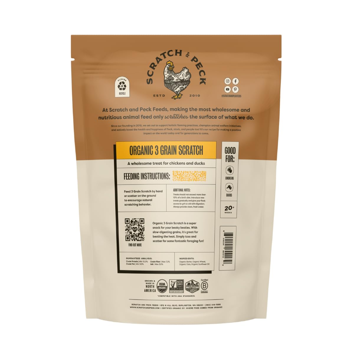 Scratch and Peck 3 Grain Scratch Chicken and Duck Supplemental Grain - 10 lbs Bag - Corn-Free and Soy-Free - 9.8% Protein, Certified Organic and Non-GMO Project Verified Chicken Food