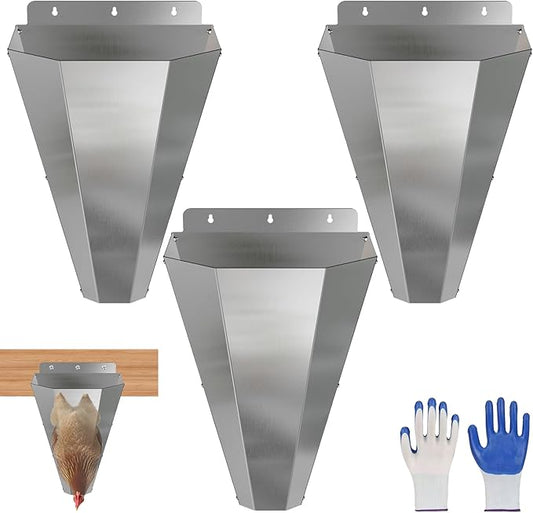 Medium Chicken Cone, Stainless Steel Poultry Restraining Cone with 2 Pairs of Safety Gloves, Flat Back Design, Chicken Processing Equipment for Laying Hens, Broilers, and Turkeys up to 8 lbs (3 Pack)