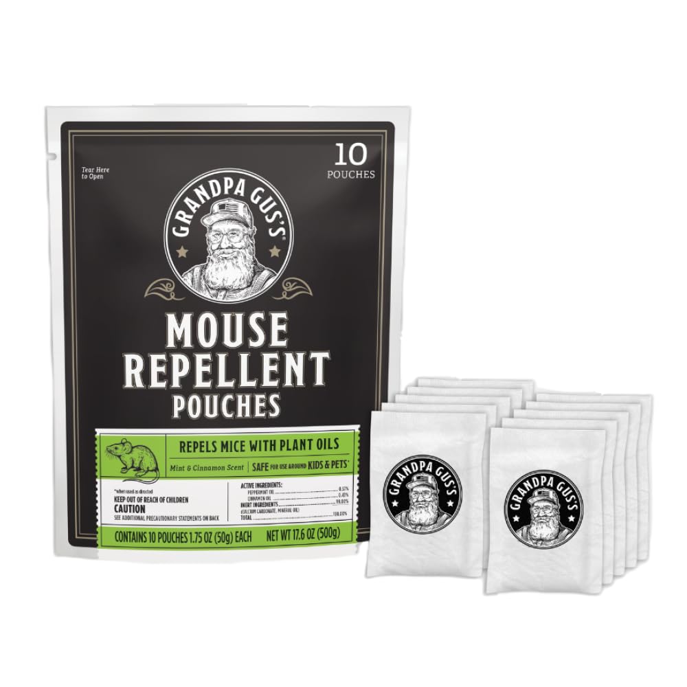 Grandpa Gus’s Extra-Strength Mouse Repellent Pouches, Peppermint & Cinnamon Oil, Natural Rodent Deterrent Control for Garage, RV, Car, Basement, Attic, Storage, 1.75 Oz (Pack of 10)