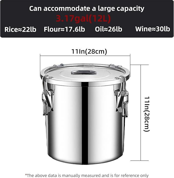 304 stainless steel food storage containers with lids lock clips airtight container large airtight for rice flour sugar grain coffee bean storage containers Kitchen jar (3.17gal/12L)