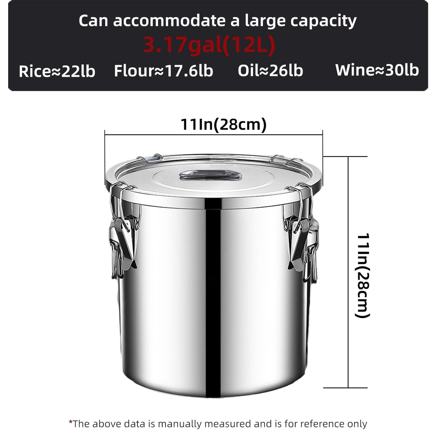 Verdeho 304 stainless steel food storage containers with lids lock clips airtight container large airtight for rice flour sugar grain coffee bean storage containers Kitchen jar (3.17gal/12L)