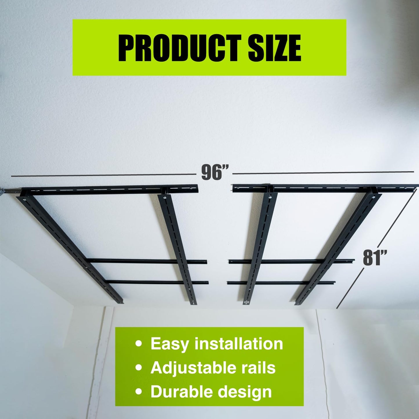 GARAGE STORAGE TOTE SLIDE RACK Overhead Tote Storage Rail System, Garage Ceiling Bin Storage Rack Heavy Duty Adjustable Tote Slide Garage Storage System, NEGRO, MR0001
