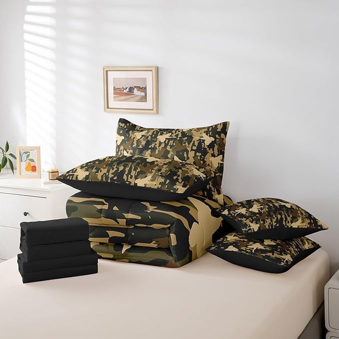 Feelyou Camouflage Print Bed Set Boys Girls Twin Size Camo 7 Pieces Bedding Set for Kids Women Men Military Duck Hunter Bed Set Includes Comforter, Sheet Set, Pillowcases Army Camo Room Decor