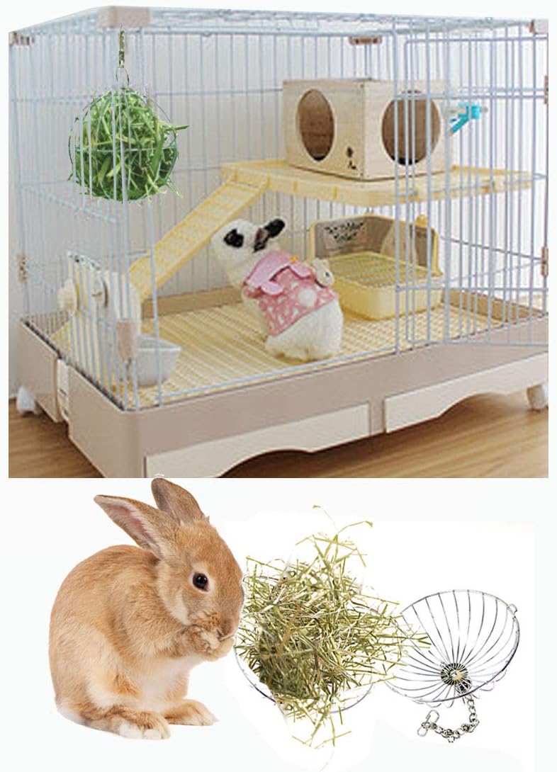 Tfwadmx Rabbit Hay Feeder, Grass Play Hay Ball Chew Toy Stainless Steel Food and Grass Frame Bowls, Small Animals Hay Manger Dispenser for Hamsters Gerbils Chinchillas Guinea Pigs