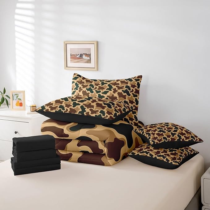 Feelyou Camouflage Bed Set Boys Girls Queen Size Camo 7 Pieces Bedding Set for Kids Women Men Military Style Bed Set Includes Comforter, Sheet Set, Pillowcases Hunting Theme Room Decor