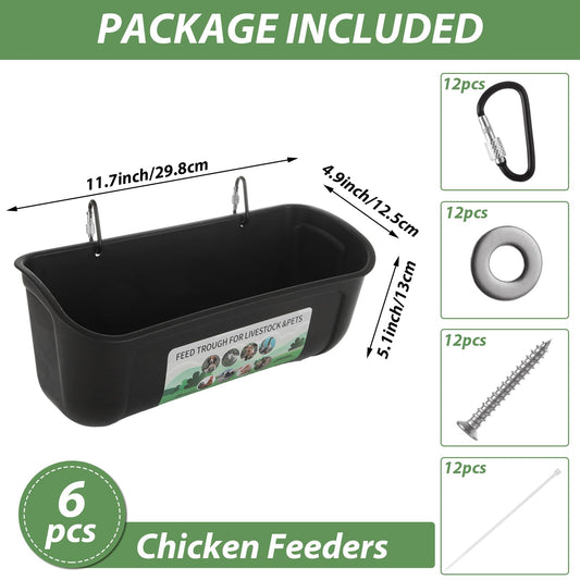 LOPYXBR 6 PCS Black Goat Feeder Hanging Pig Feeder with Clips 5 Quart Chicken Feeder Trough Poultry Feeder Hanging Goat Mineral Feeder Chicken Coop Feeder and Waters for Livestock, Pets, Poultry
