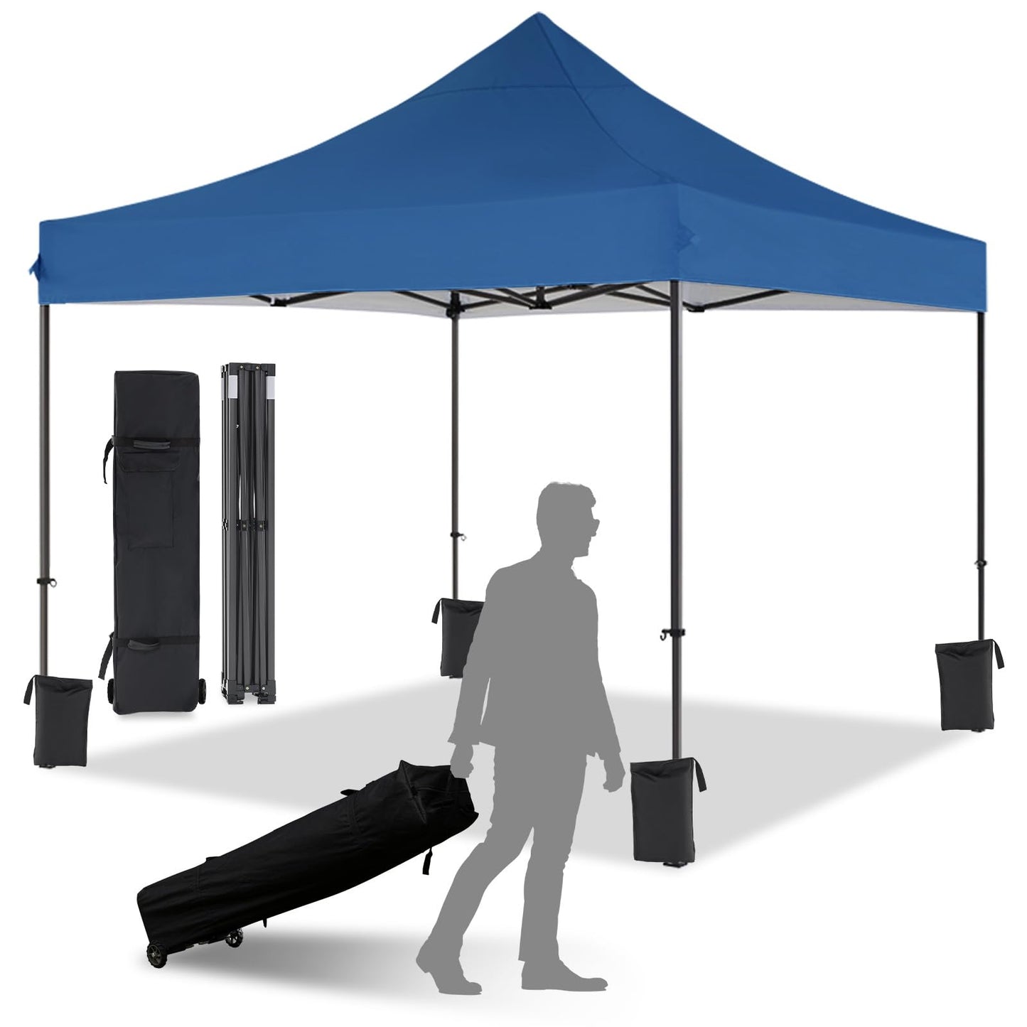 Eesdom 10x10 Pop Up Canopy with Wheeled Bag, Commercial Portable Canopy Tent, Easy Set Up, 4 Stakes & 4Sandbags & 4 Ropes, Waterproof Outdoor Shelter for Market, Parties, Blue