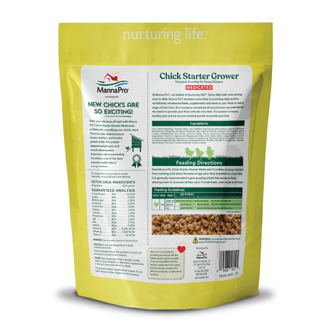 Manna Pro Medicated Chick Starter Grower - Crumbled Chick Feed - Feed for Young Chickens - 6-Pack of 5lbs