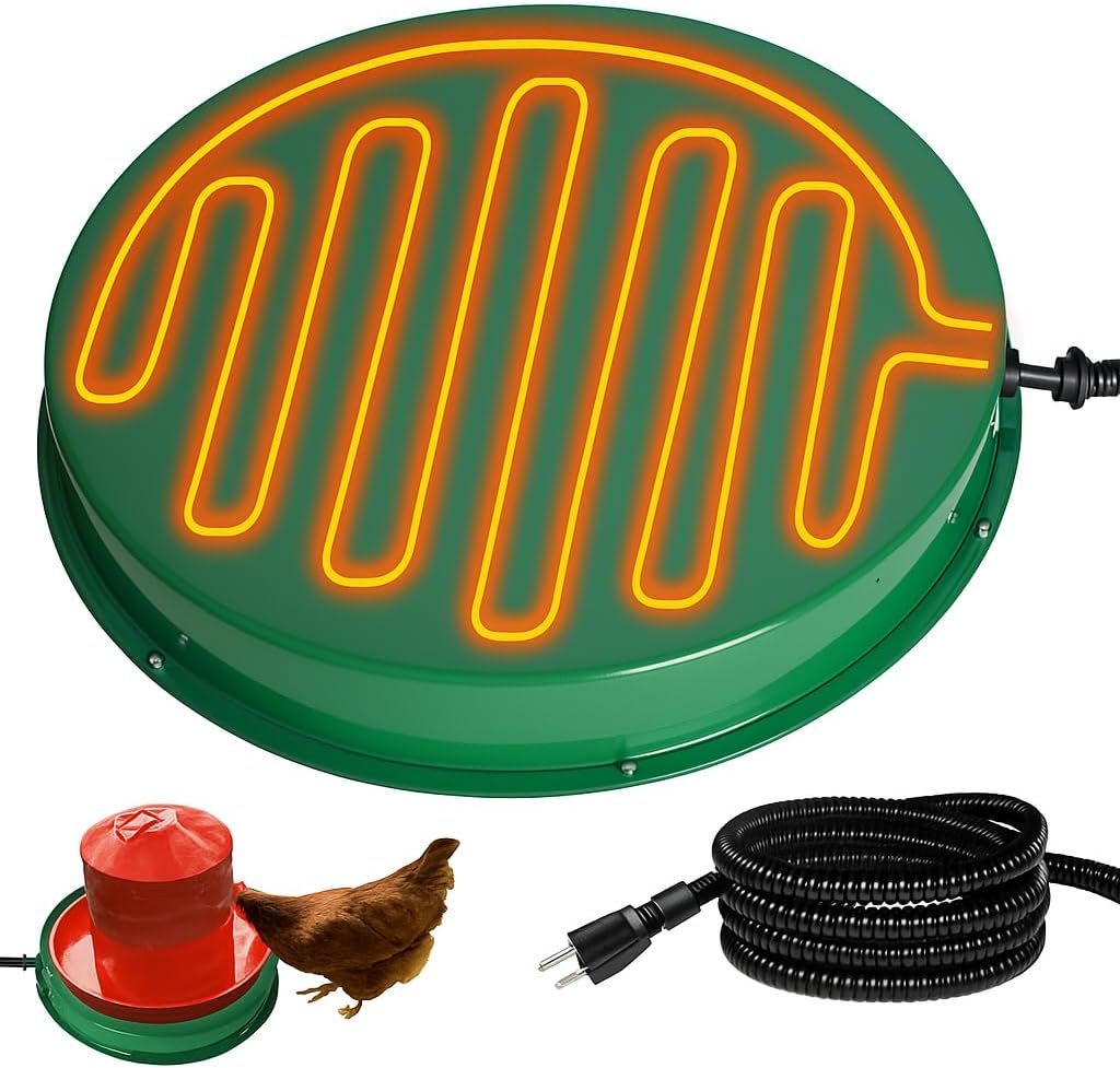Chicken Water Heater for Winter, 125W Poultry Waterer Heated Base 31.4cm / 12.4in for Metal or Plastic Drinkers 1–5 Gallon, Freeze Proof Thermostat Deicer Chicken Drinker Heater