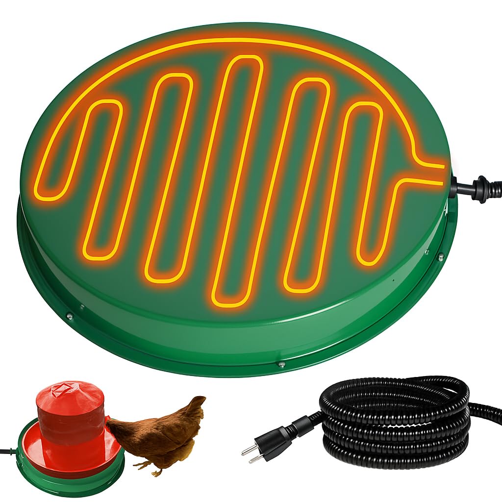 Chicken Water Heater for Winter, 125W Poultry Waterer Heated Base 31.4cm / 12.4in for Metal or Plastic Drinkers 1–5 Gallon, Freeze Proof Thermostat Deicer Chicken Drinker Heater