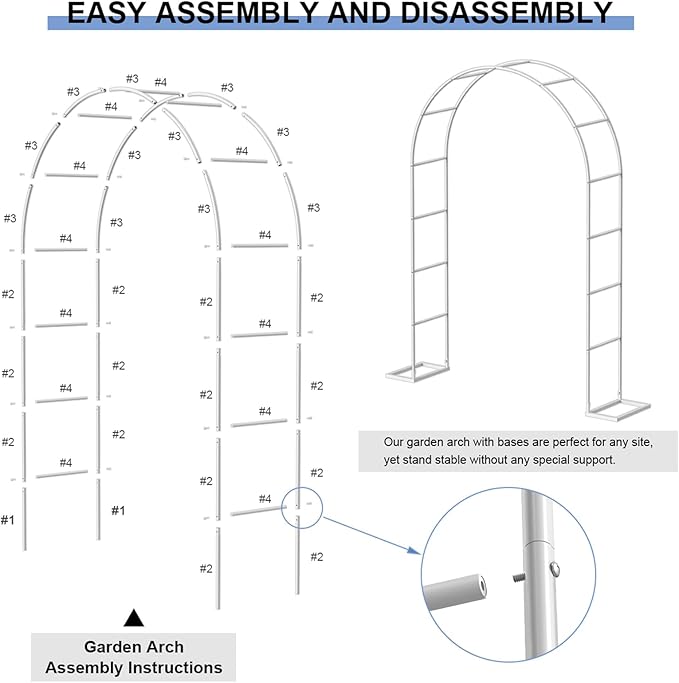 HEOMU Garden Arch Trellis, Metal Garden Arbor with Base, 5.3'W x 7.6'H or 7.9'W x 6.3'H, Assemble Freely 2 Sizes, Arch Trellis for Climbing Plants Outdoor Wedding Bridal Party Decoration, White