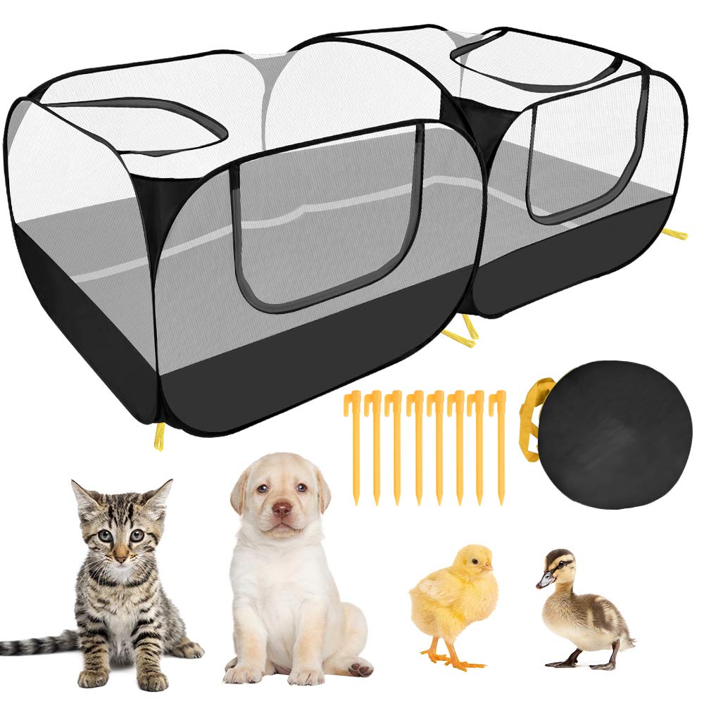 SlowTon Small Animals Playpen, Portable Large Chicken Run Coop with Detachable Bottom Breathable Transparent Mesh Walls, Foldable Pet Enclosure for Puppy Kitten Rabbits Indoor Outdoor(B,Flat Top)