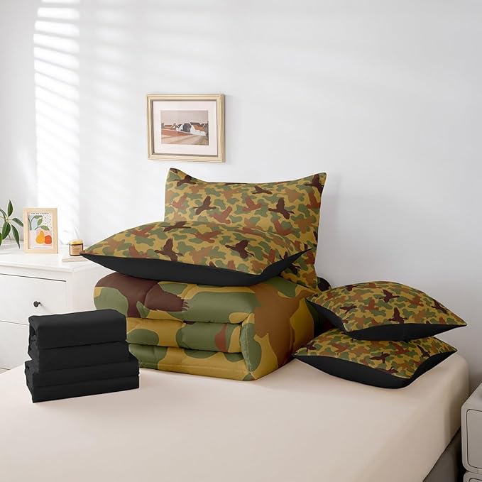 Feelyou Camouflage 7 Pieces Bedding Set Twin Size Duck and Camo Bedding Bed Set Set for Boys Teens Decor Duck Hunting Bed Set Includes Comforter, Sheet Set, Pillowcases Military Bedroom