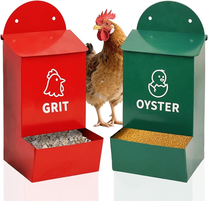 Wall Mounted Chicken Grit and Oyster Shell Feeder Set, Heavy Duty Metal Poultry Accessories with Dual Compartments, Rustproof Hanging Feed Dispensers for Coop or Fence