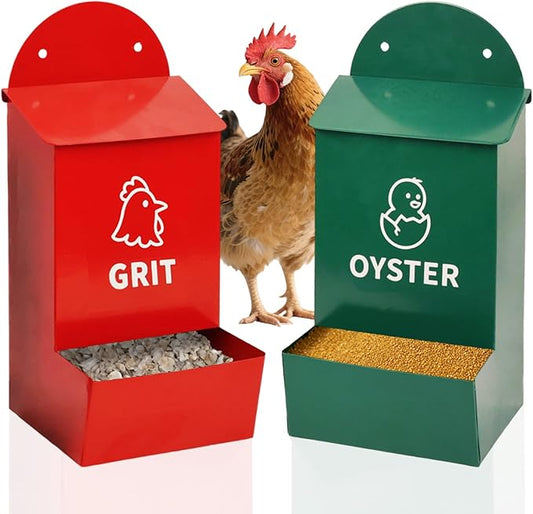 Wall Mounted Chicken Grit and Oyster Shell Feeder Set, Heavy Duty Metal Poultry Accessories with Dual Compartments, Rustproof Hanging Feed Dispensers for Coop or Fence