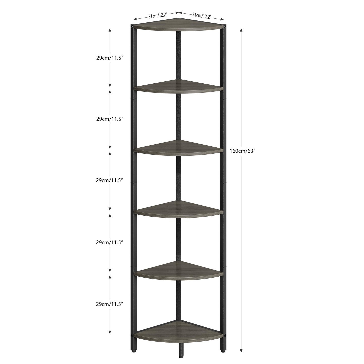 IRCPEN 6 Tier Corner Shelf 63.1" Tall Ladder Corner Storage Shelf Rack Grey Woodgrain Industrial Standing Bookshelf Shelf Organizer Display Rack Bookcase Plant Stand for Living Room Bedroom CS-001GW