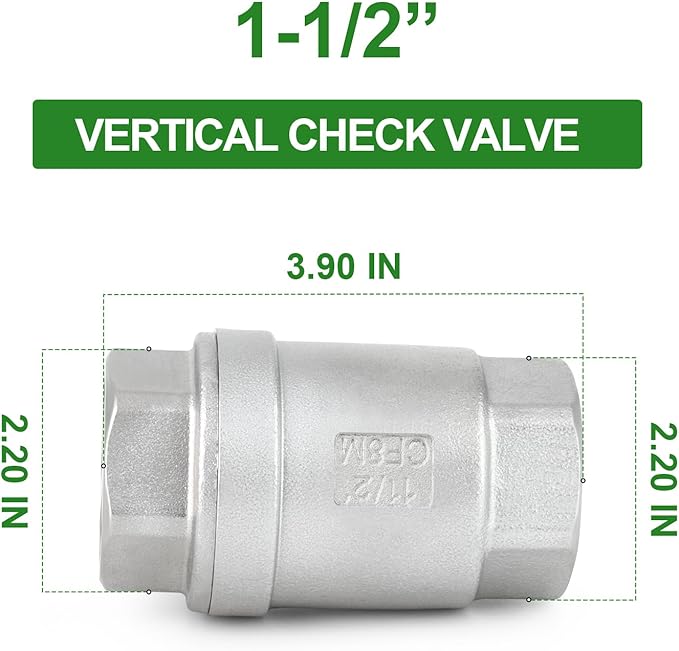 TAISHER 1PCS 304 Stainless Steel 1-1/2" Female Vertical Check Valve，Backflow Prevention, One Way Spring Check Valves CF8 WOG 1000