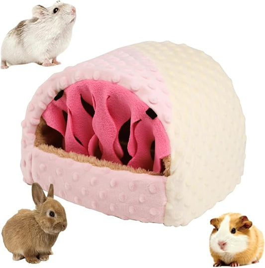 Warm Plush Guinea Pig Hut Habitat Hedgehog Hideout Rat House for Small Animal Rabbit,Washable Chinchilla Hamster Bed Cozy Nest Cage Accessories (Pink,Medium)