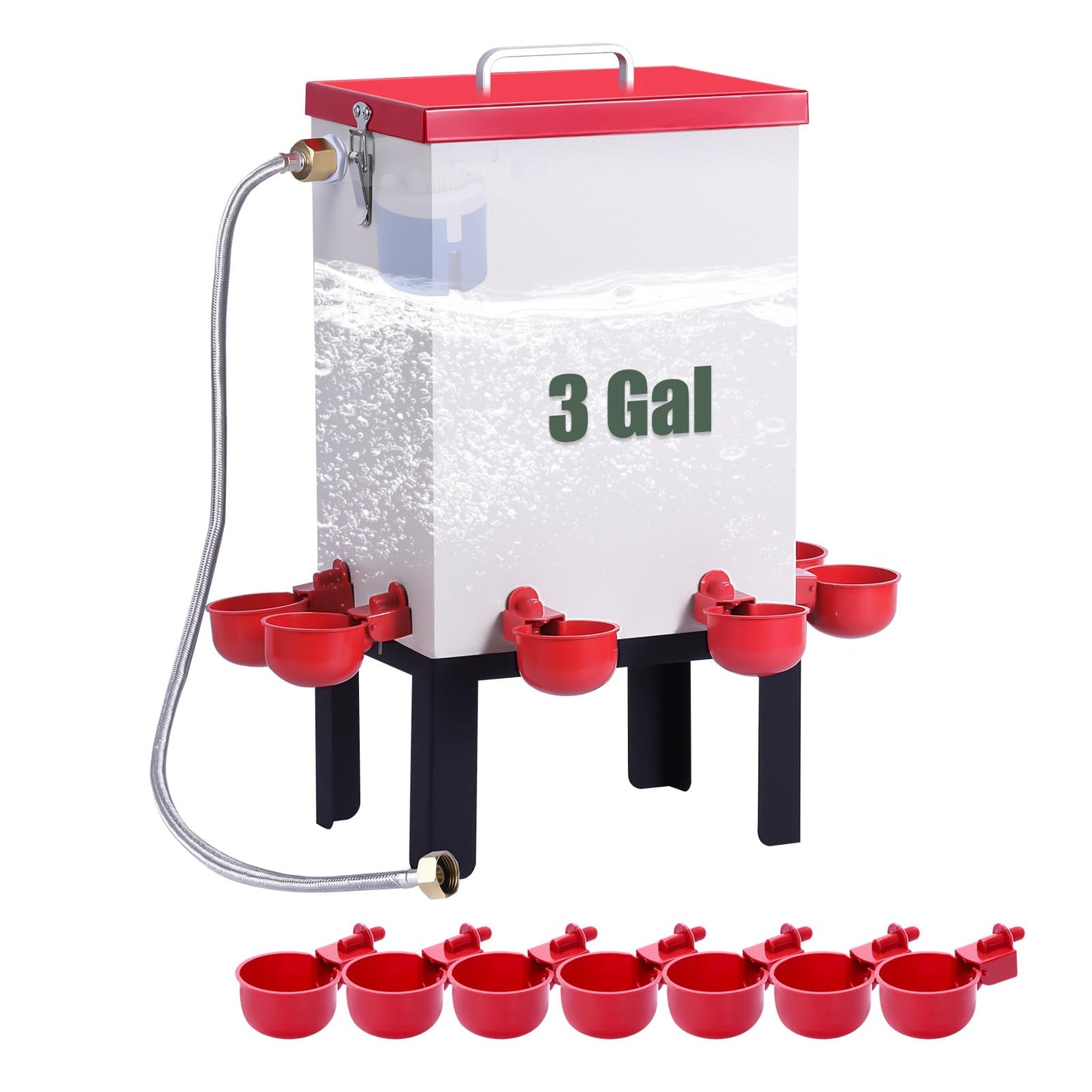 3 Gallon Chicken Waterer,Stainless Steels Automatic Chicken Waterer Feeder with Float Valve,Water Cups, Bottom Bracket and Hose (One End 3/4") Poultry Waterer Dispenser for Quail Duck Goose Turkeys
