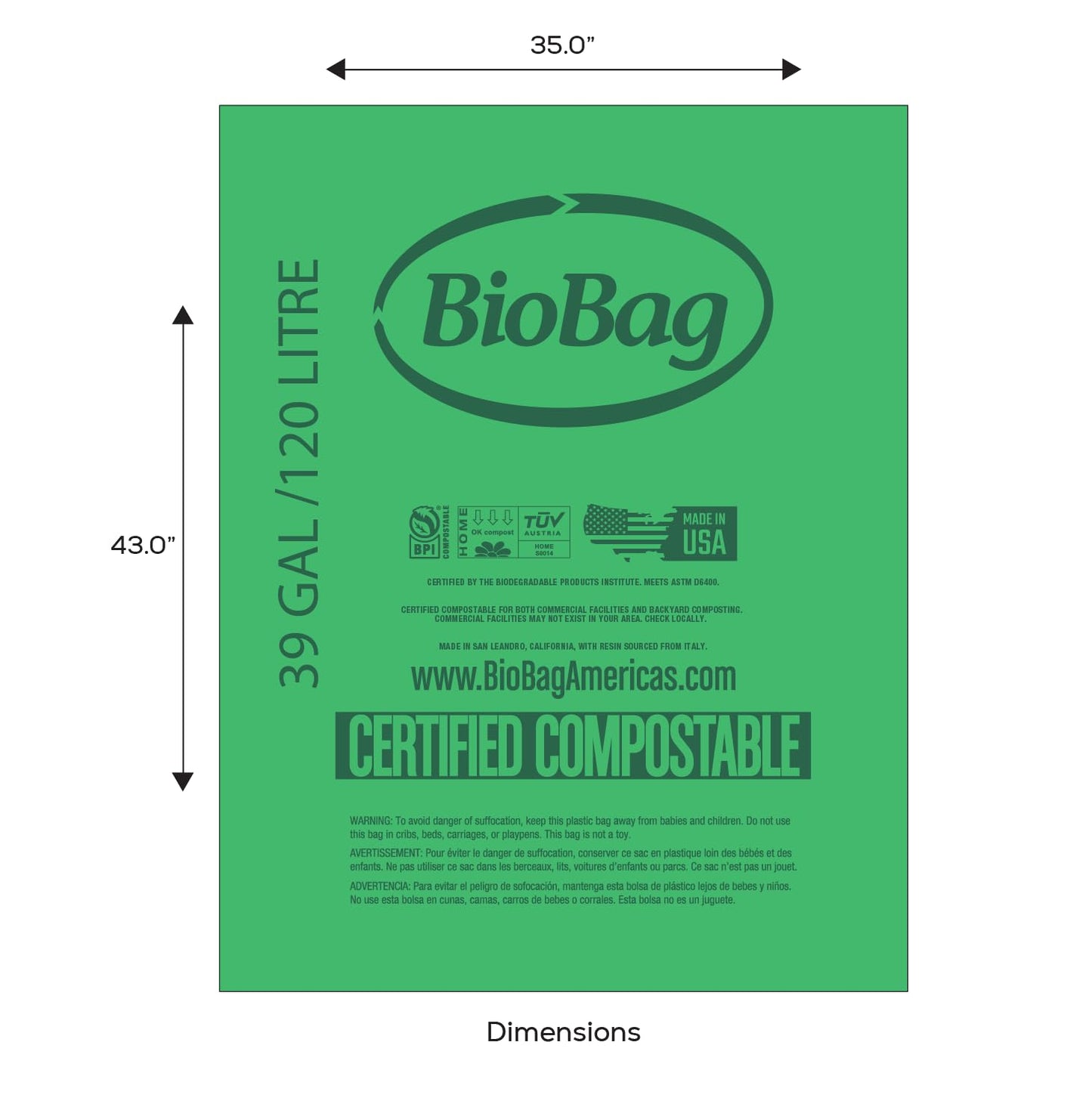 BioBag (USA) The Original Compostable Bag, 39 Gallon, 120 Count, 100% Certified Compostable Trash Bag Liners for Food Waste, Extra Strong and Durable, Trash Bag