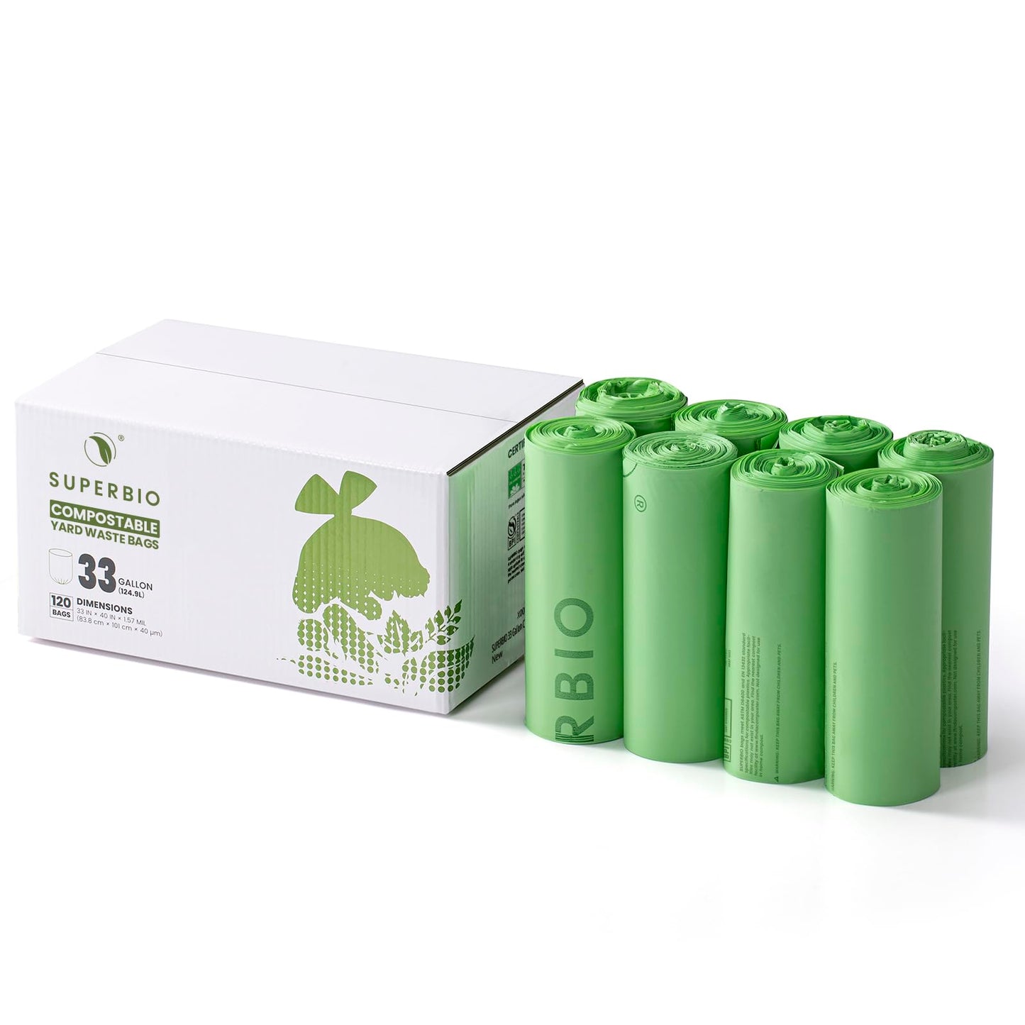 SUPERBIO 33 Gallon Compostable Yard Waste Bags, Lawn & Leaf Bags, Extra Thick 1.57 Mil (120 Count Bulk), BPI and OK compost INDUSTRIAL