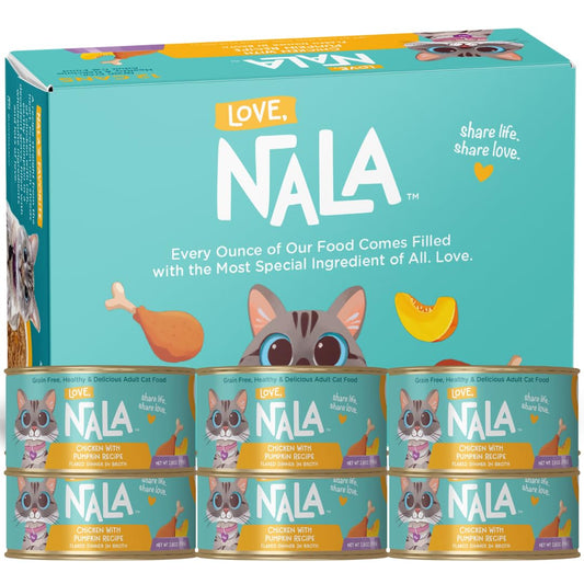 LOVE, NALA - Natural Adult Cat Wet Food - FLAKED Chicken with Pumpkin in Broth - Grain Free, Non-GMO, Digestive Fiber, Vitamins, Minerals - 12 Pack 2.4 lbs.
