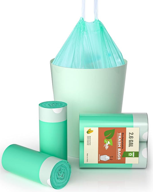 Small Trash Bags, AYOTEE 2 Gallon Trash Bag Drawstring Compostable Trash Bags, 2.6 Gallon Trash Bag Bathroom Trash Bags Compost Bags Waste Basket Liners for Bathroom, Office, Pet (50 Count Green)
