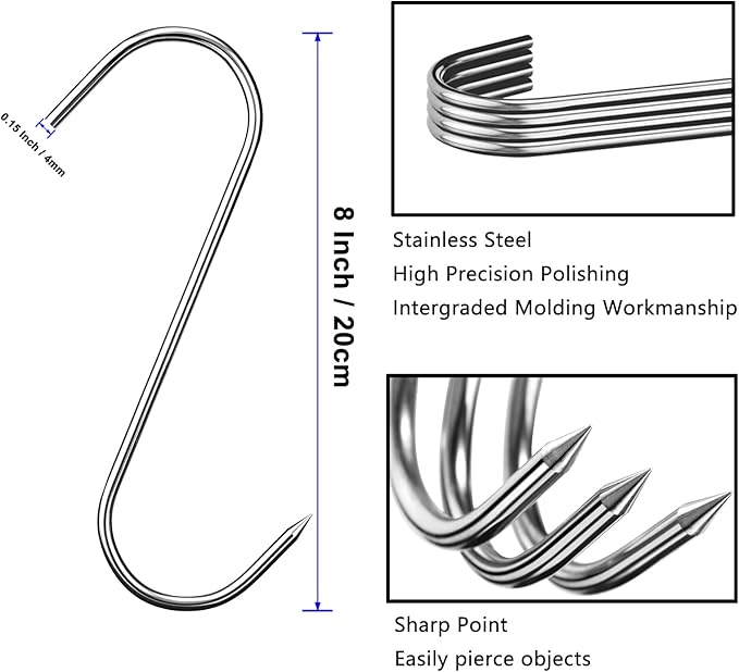 12 Pcs Stainless Steel Meat Hooks, 8 Inch S Shaped for Hanging Bacon, Sausage, Ribs, Drying, Grilling BBQ Market