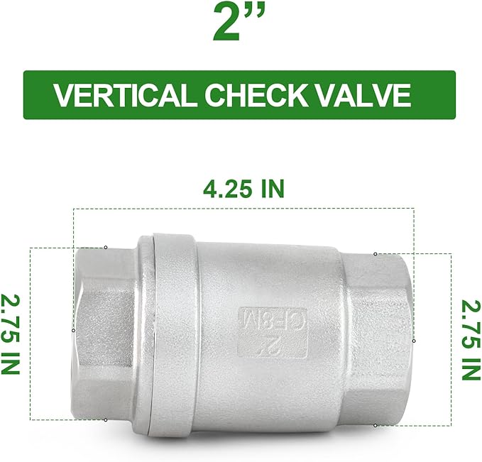 TAISHER 1PCS 304 Stainless Steel 2" Female Vertical Check Valve，Backflow Prevention, One Way Spring Check Valves CF8 WOG 1000