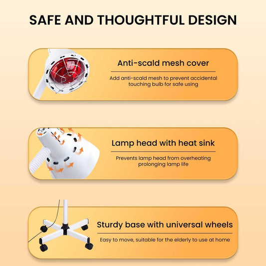 YUNCHI Infrared Red Light Therapy Heat Lamp 275W, Adjustable Temperature & 360° Rotating Head, Floor Stand with Wheels for Pain Relief
