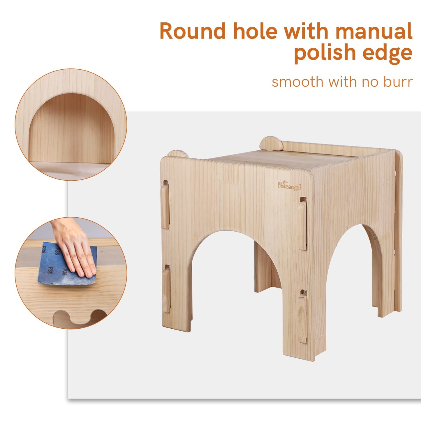Niteangel Wooden Rabbit Castle and Hideout - Spacious and Breathable Bunny House Tunnel for Rabbit Chinchilla Guinea Pigs or Other Small-Sized Pets (Single-Layer Castle)